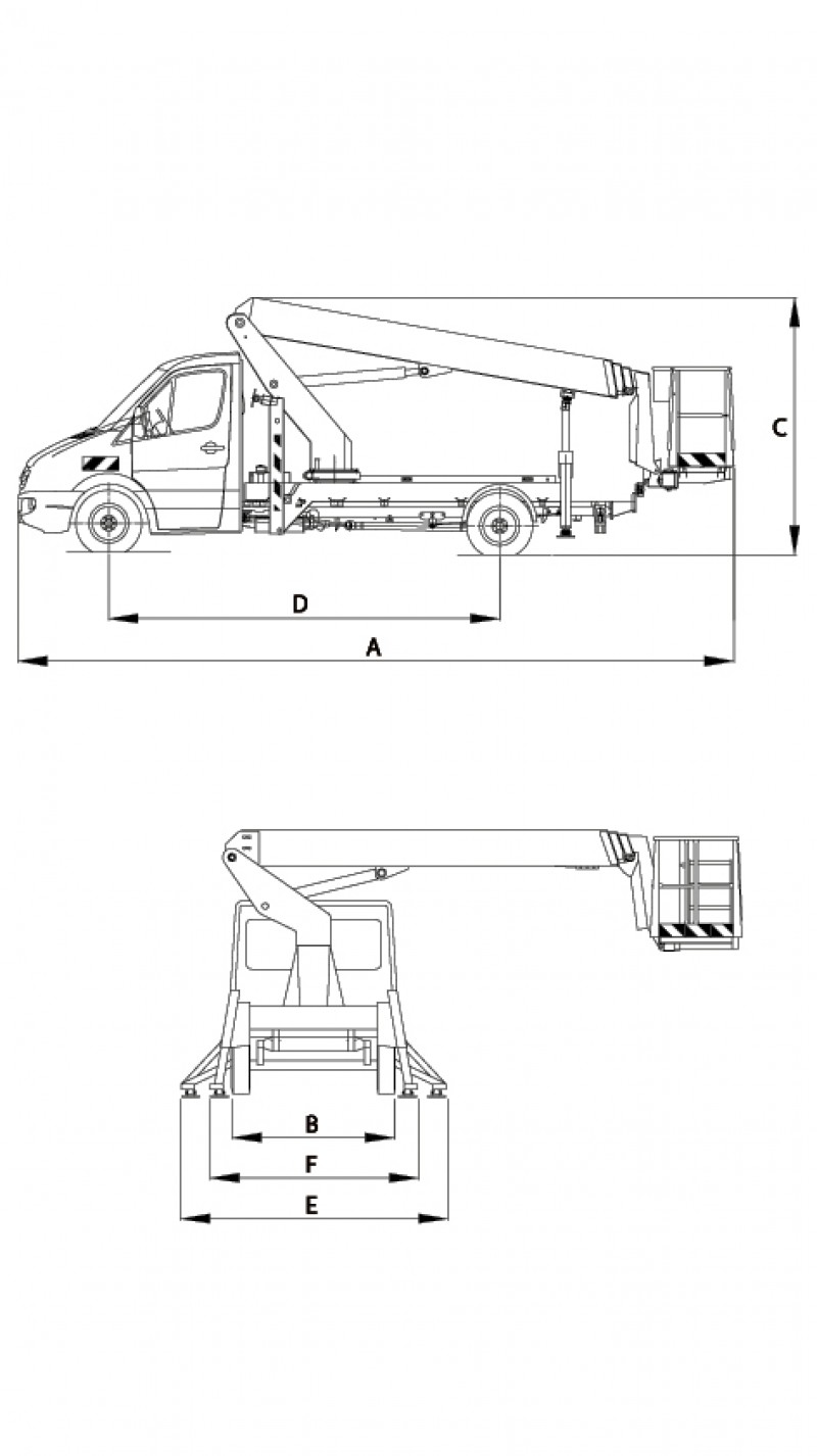 Skizze der LKW-Arbeitsbühne mit 27 m Arbeitshöhe von der Seite und hinten