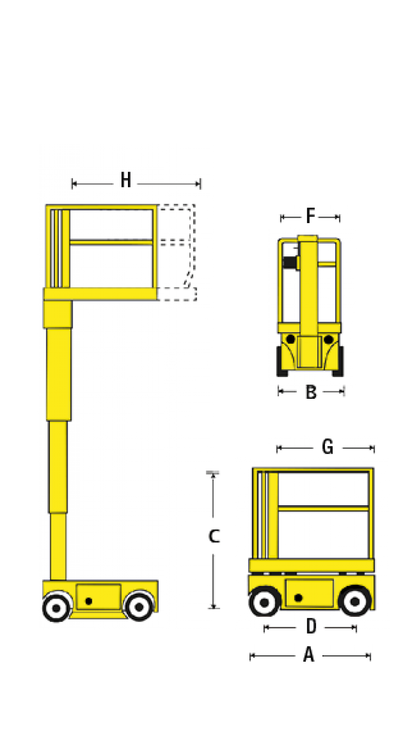Skizze der Scherenarbeitsbühne mit 6 m Höhe von der Seite und hinten